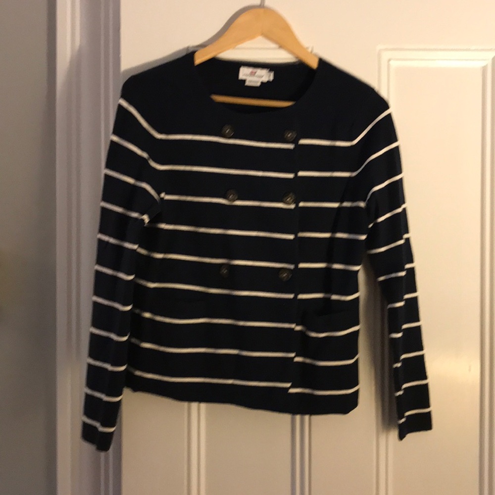 Blue and white cardigan.